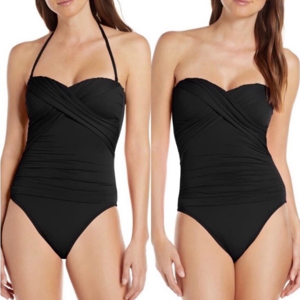 La Blanca Island Goddess Black Twist Front Bandeau One Piece Swimsuit
